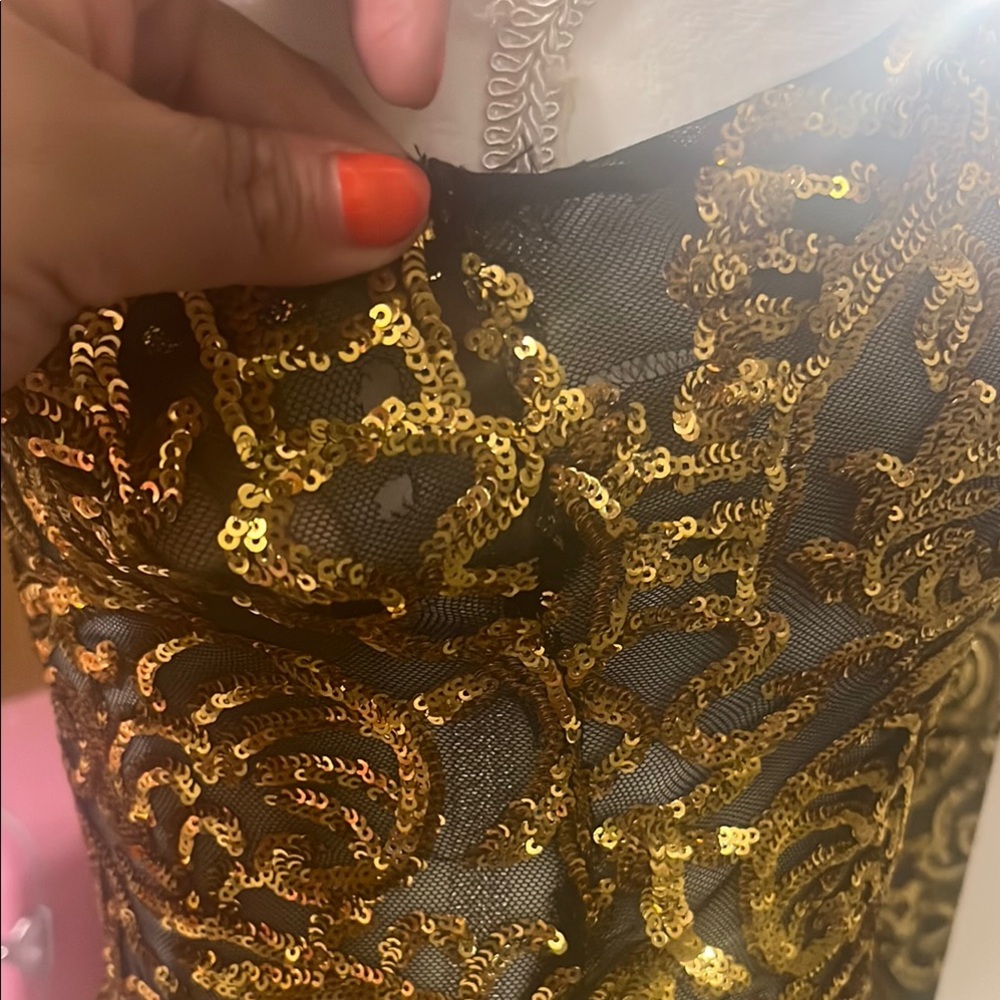 Gold Bodycon Knee-Length Strapless Sequin see through Cocktail Dress - Picture 11 of 14